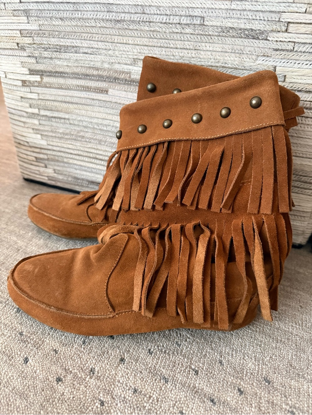 Fringed Suede Ankle Boots - Brown